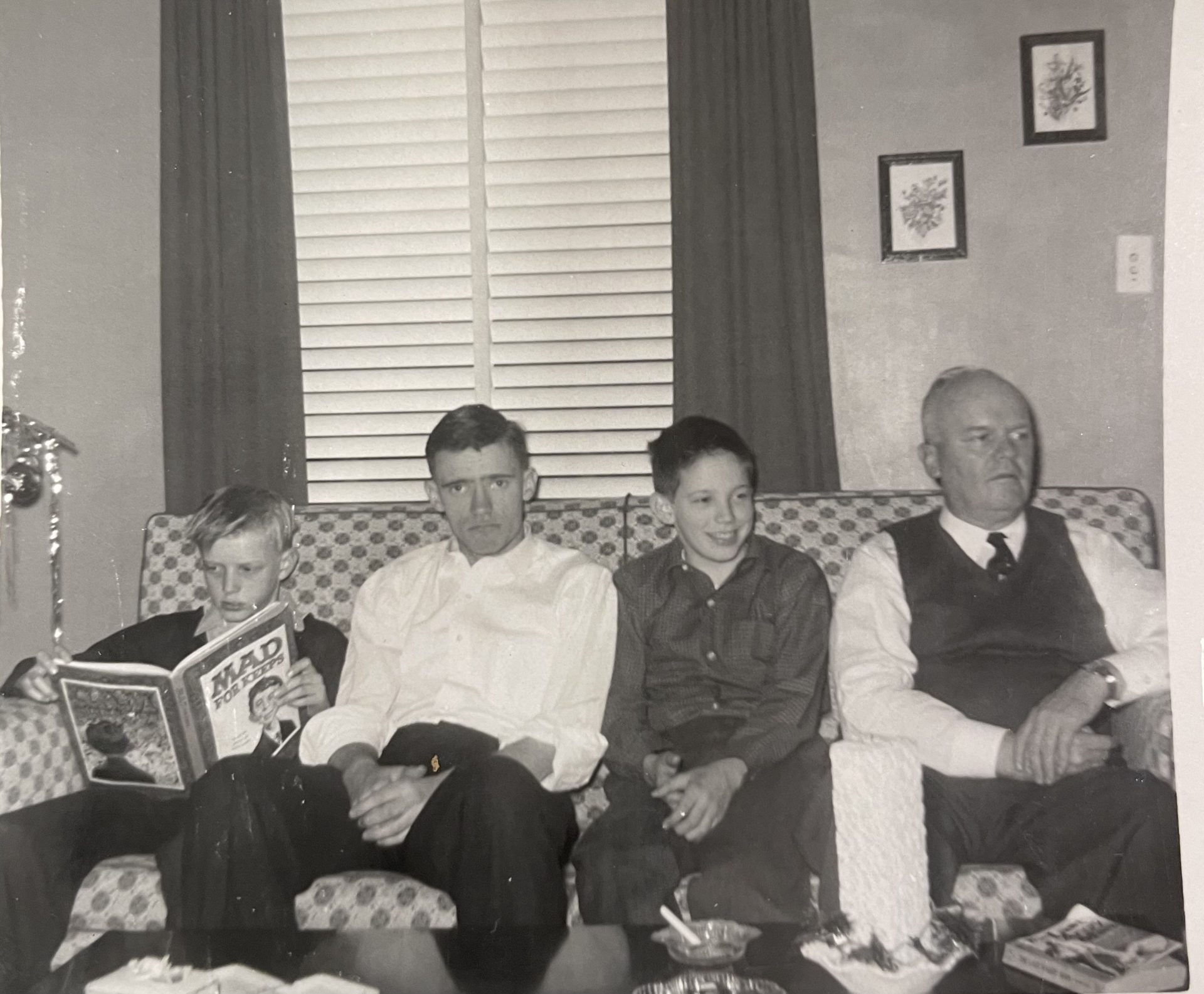 Terry, Tom (aka Denny), Chris, and our beloved Uncle Tom.  Denny’s smoldering good looks already evident, as is his limited patience for this family scene