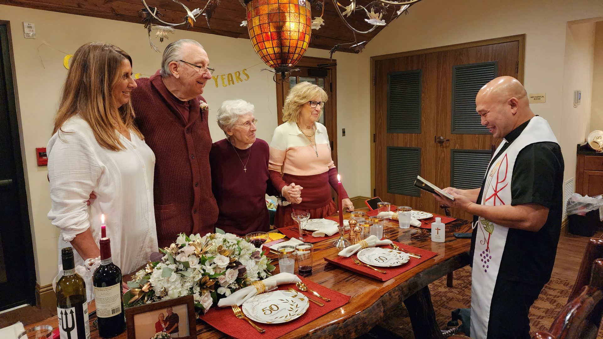 Margaret and Bill's 50th wedding anniversary. <br />
Cherie, Bill, Margie, Mary and Father Hank