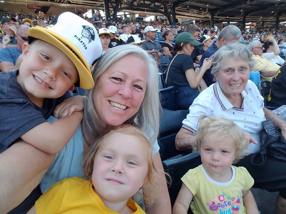 Rosemary with Miller greatgrandchildren - Pirates game Pittsburgh