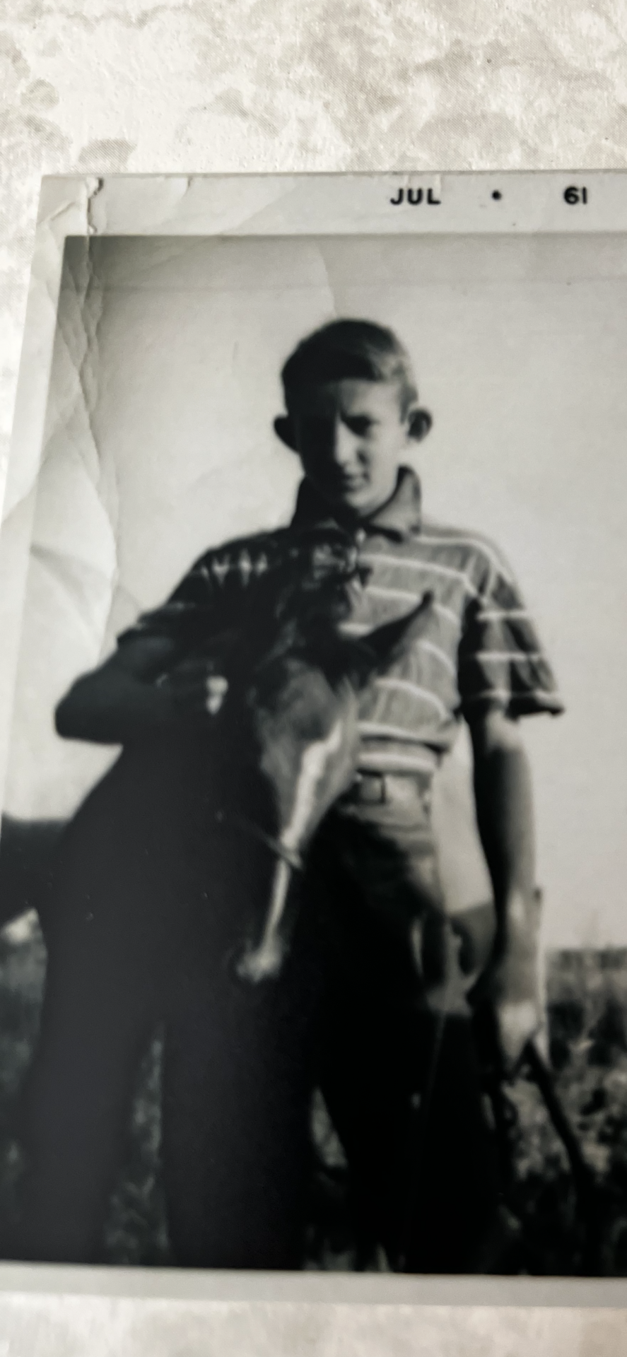 A boy and his horse Flame. <br />
Out on the farm, East Leroy, Michigan