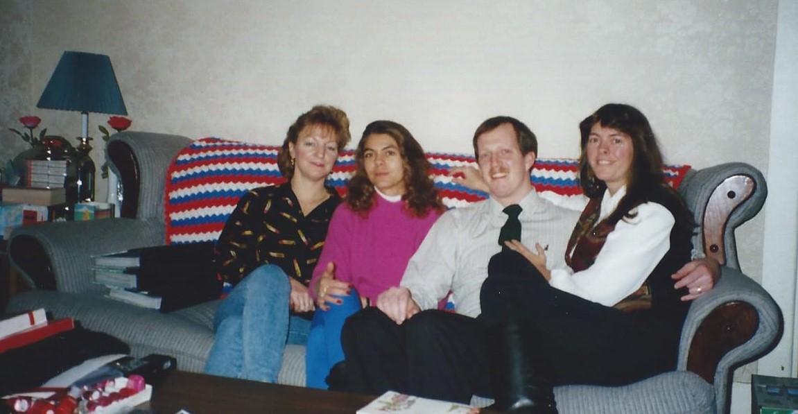 Sheila, Nancy, Rick and me at my tiny apartment in Abington. Note the 2 red roses. Sheila always brought flowers to everyone when she visited. Sheila loved flowers and wanted everyone to feel special.