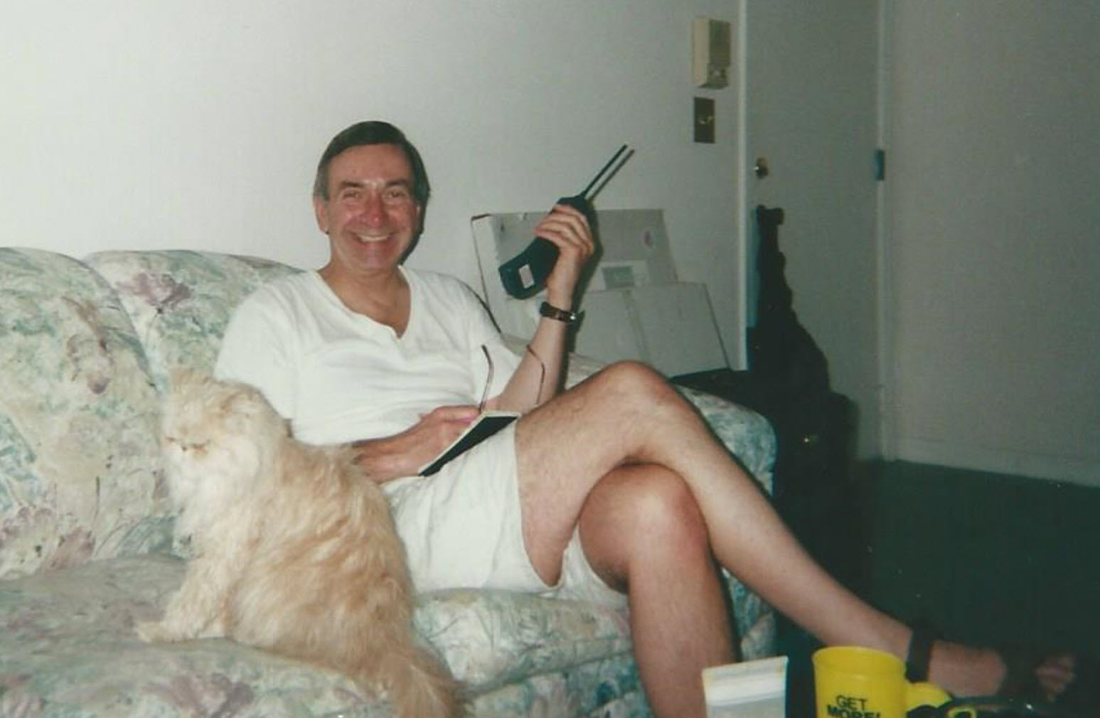 This is dad visiting me in my first home (a condo) circa 2000-2001.  Chewie (who passed away about three years ago) is sitting beside him.
