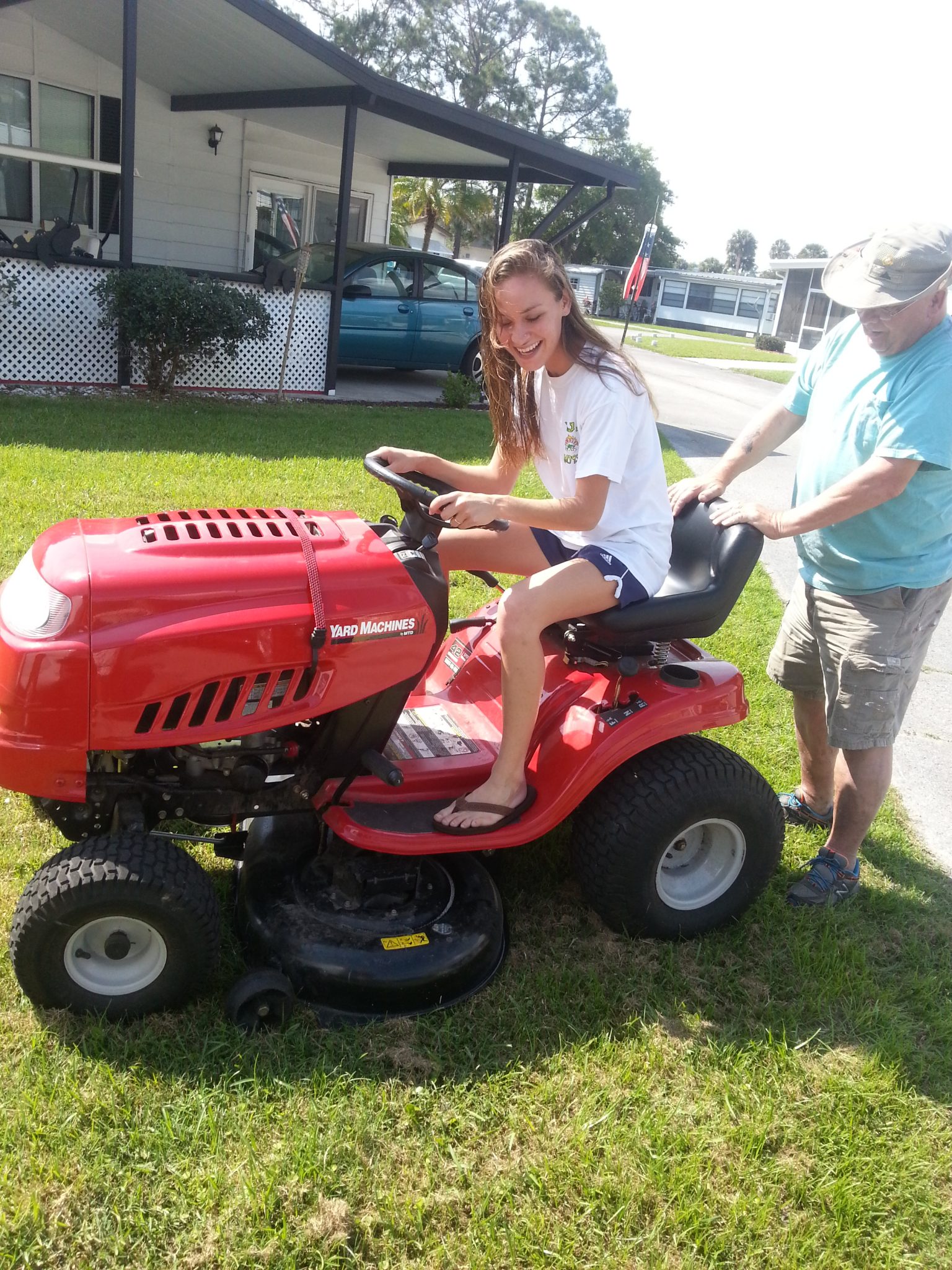 What a great day, Brittany was either too short or not heavy enough to keep the seat down to keep the mower going.