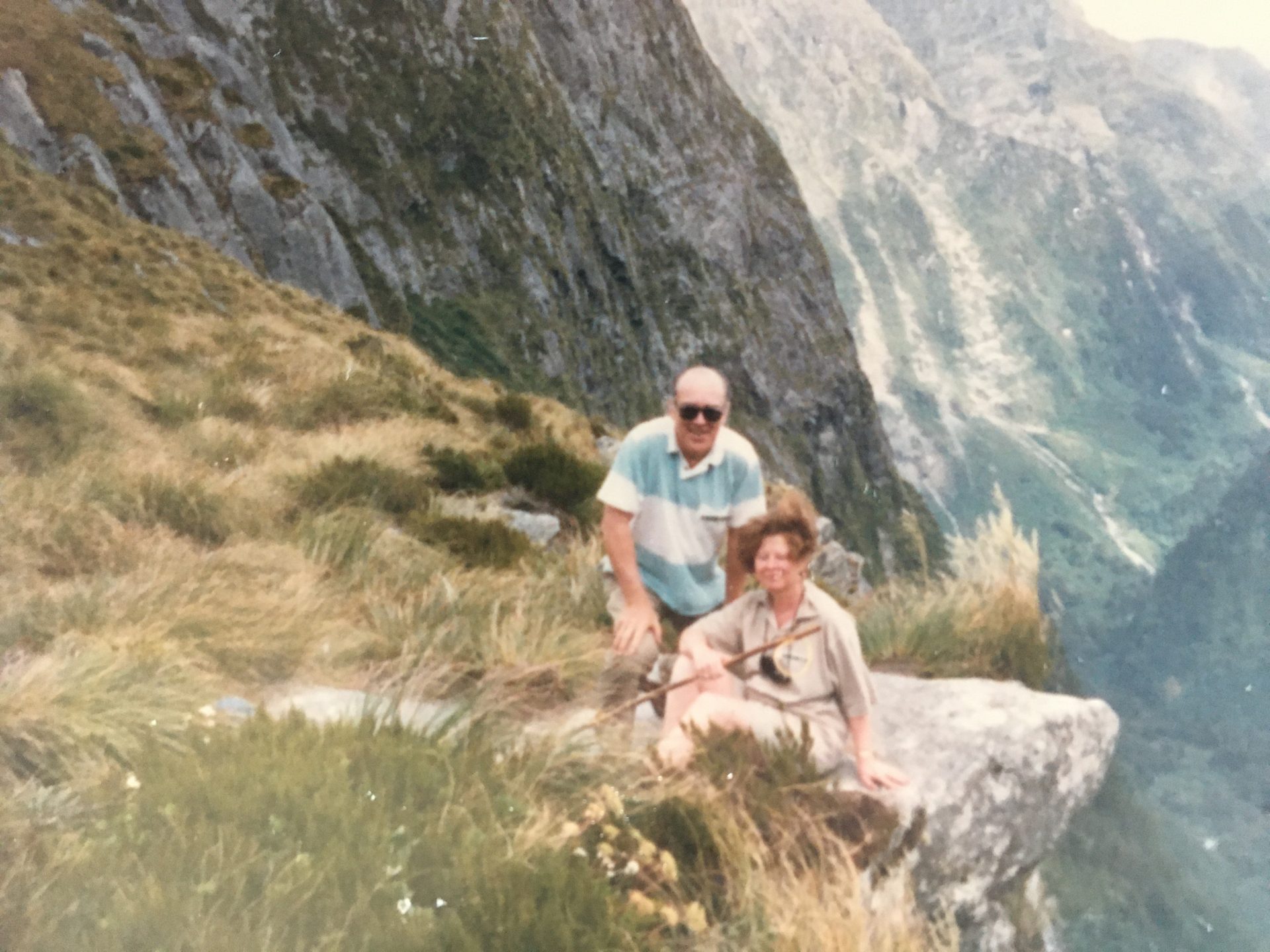 Dick and Thelma hiking in the mountains on their trip to China and Mongolia, July 1990