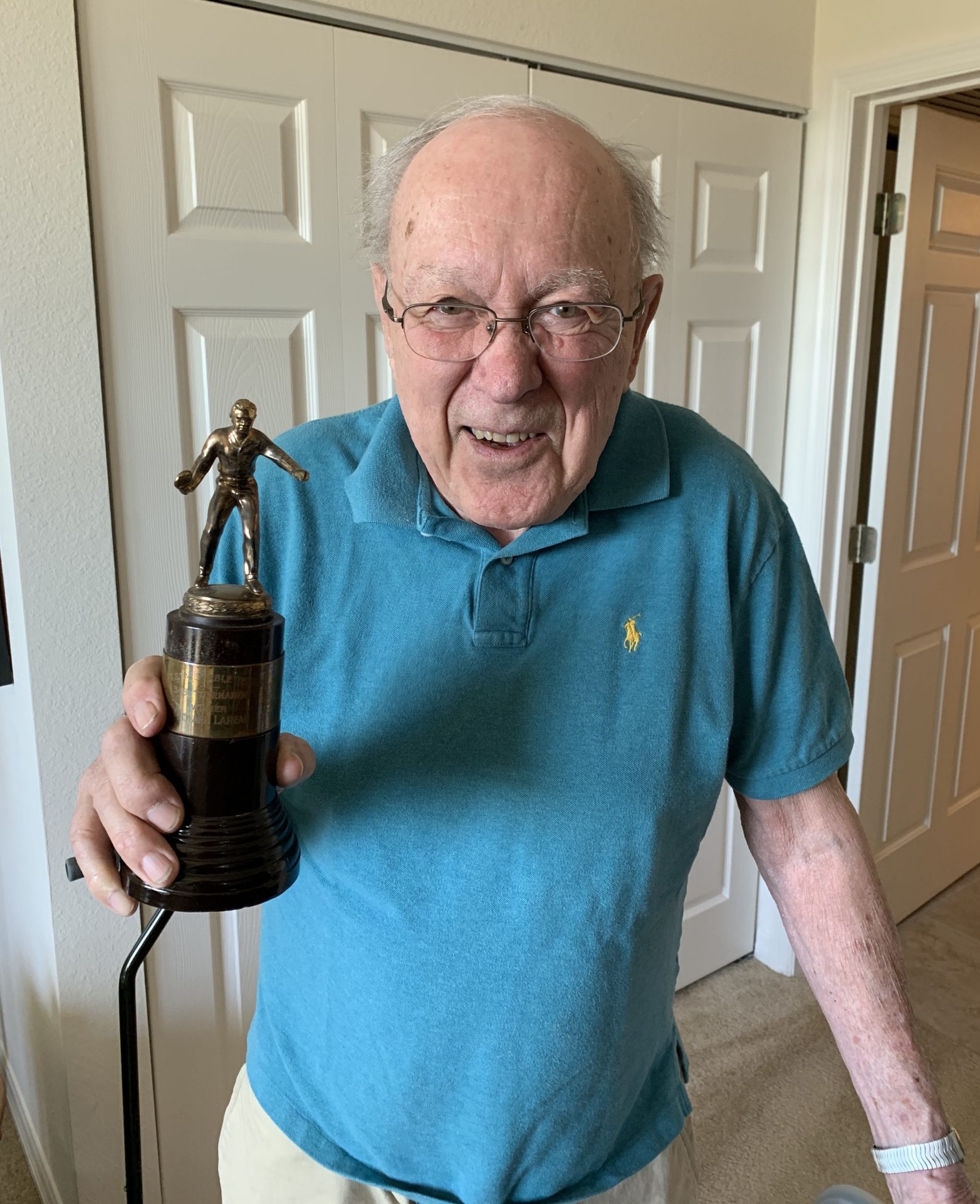 Dick in 2019 with his 1949 Vermont State Table Tennis Champion trophy, with thanks to Lloyd Kepple.
