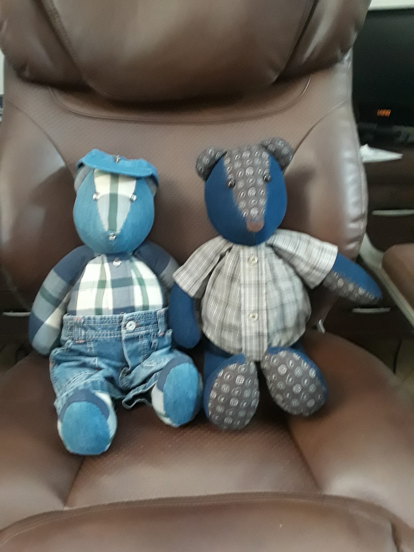 Dexter and Bob bears. <br />
Made of their clothes by a woman  with a precious  gift of giving