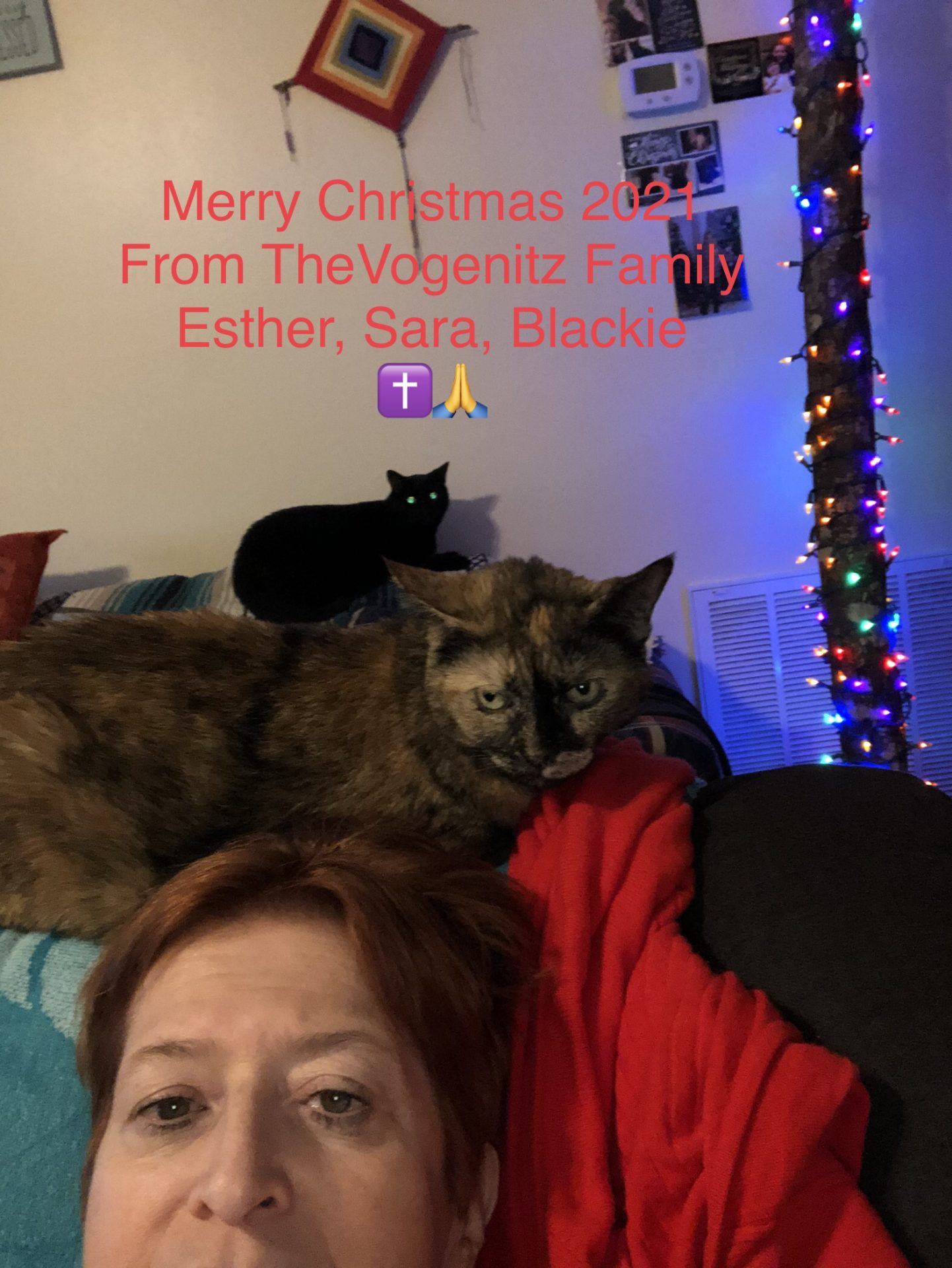 Found the right card Merry Christmas to all 2021 from the Vogenitz family.  Esther, Sara,  and Blackie. ✝️♥️