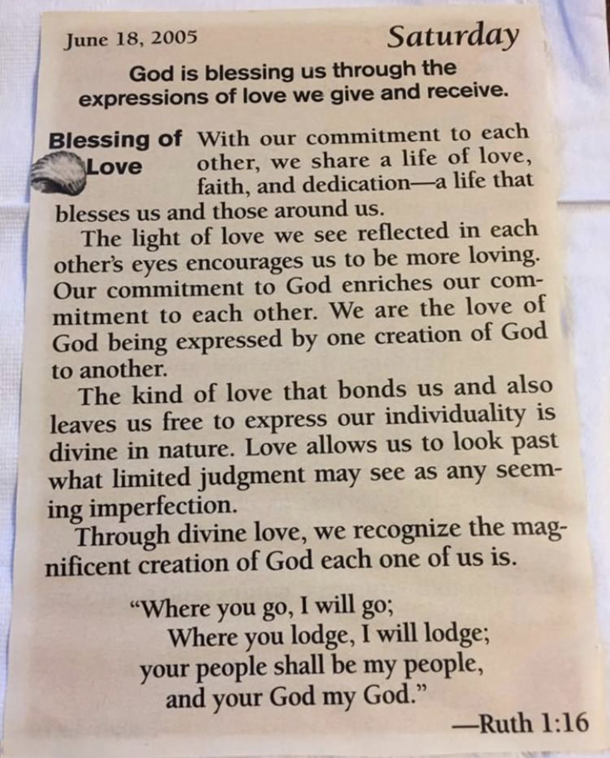 This was the lesson of the day for unity magazine for our wedding day. 