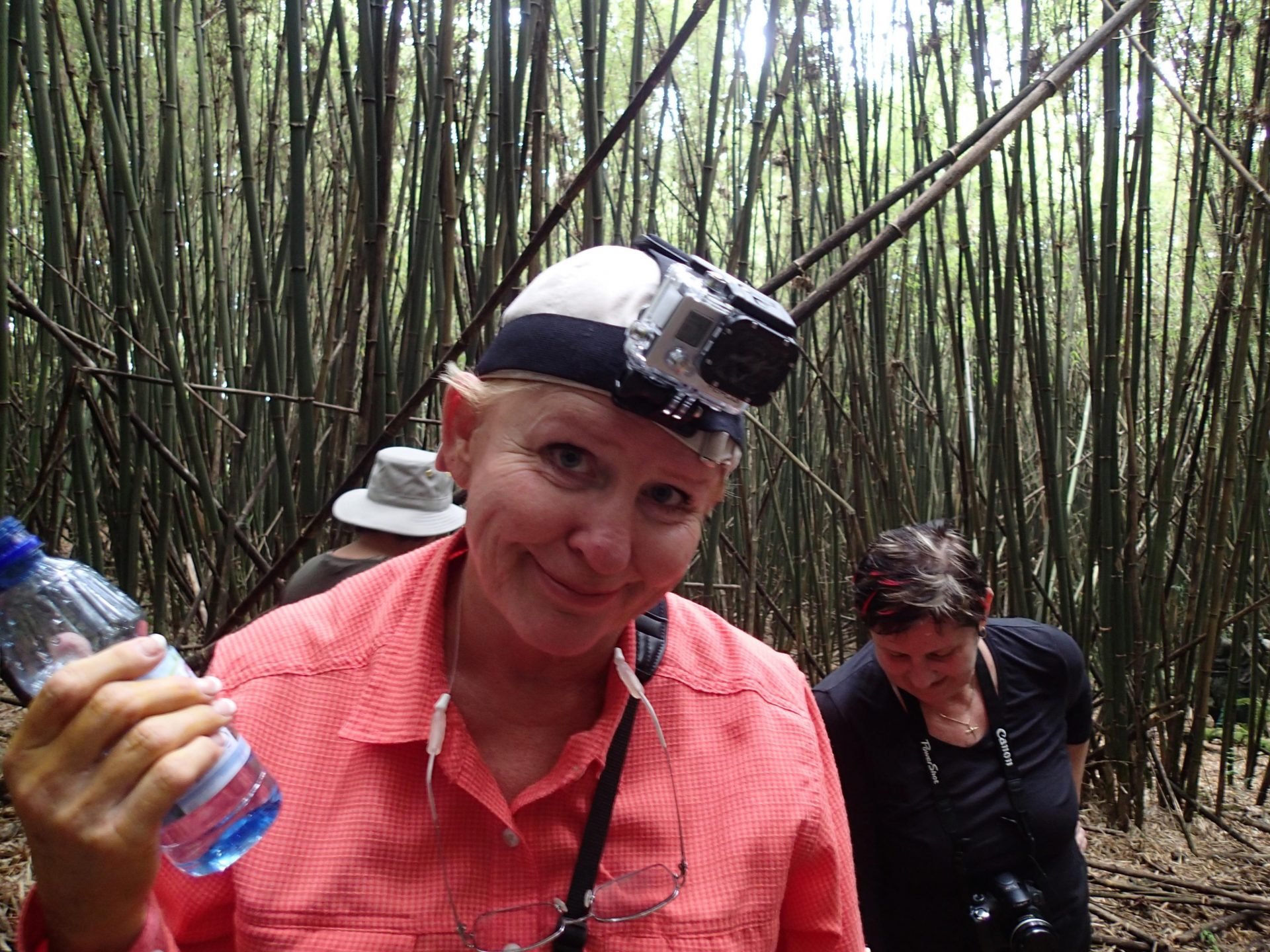 Sandi with a small camera, a Go Pro on her head and her trusty Nikon.  Following gorillas in Rwanda.
