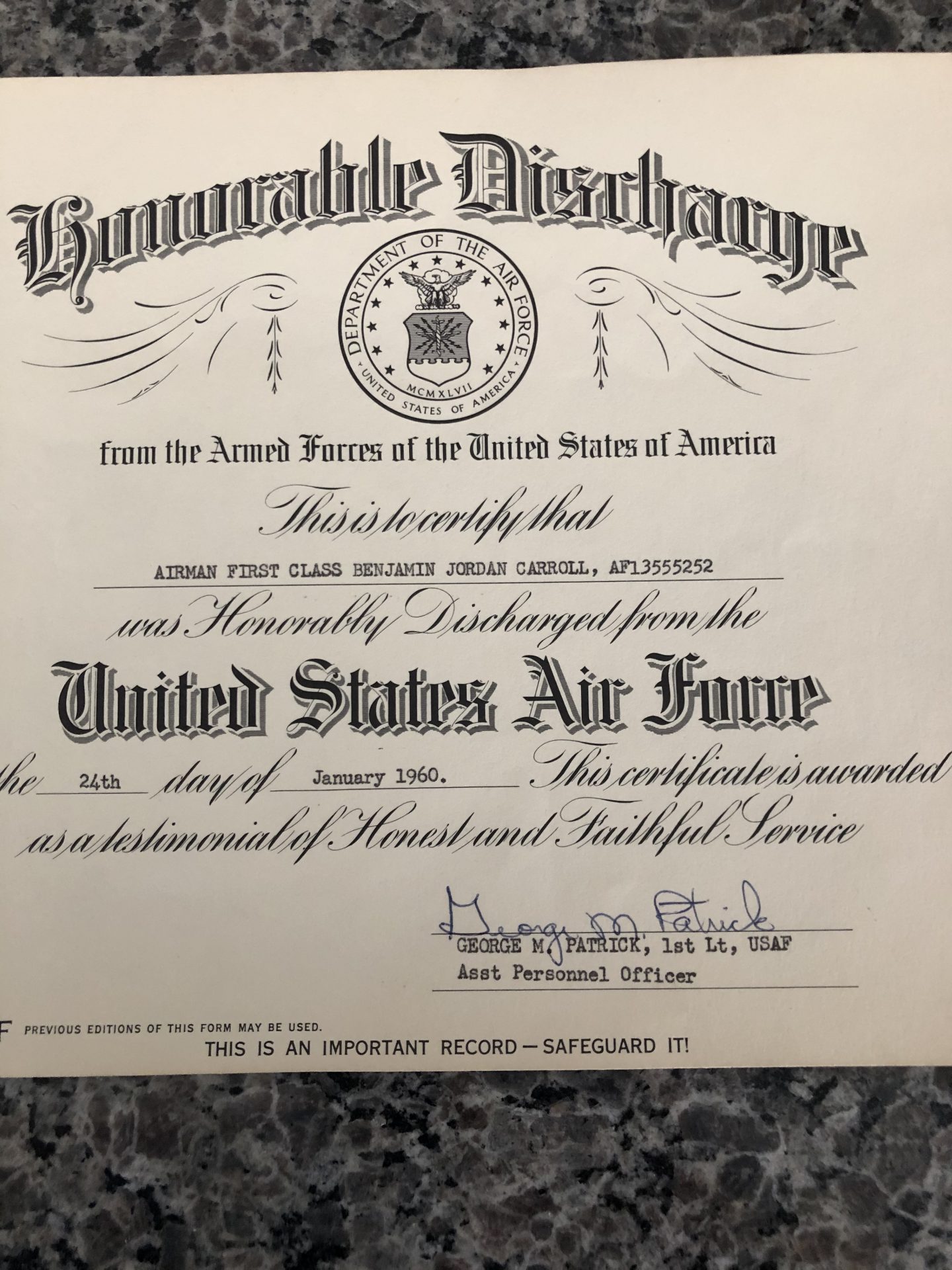 One of two honorable discharged dad received from the Air Force.<br />
1960 and 1964