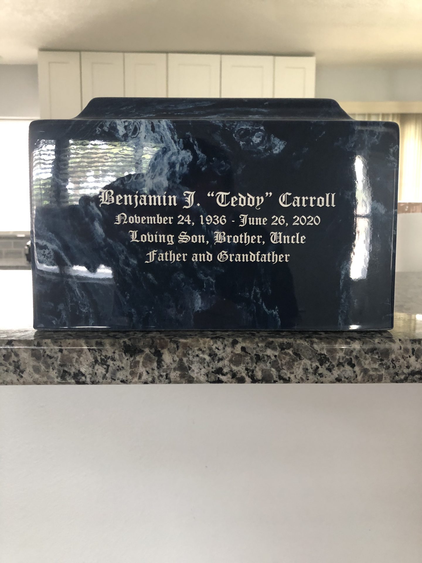 Dads urn and remains.<br />
Received July 9, 2020