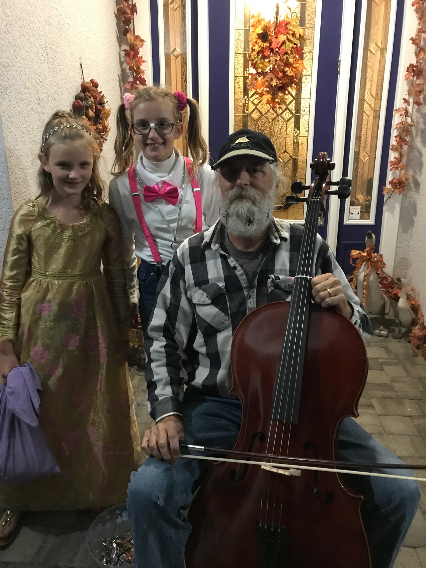 Dave loved playing cello for trick or treaters on Halloween.