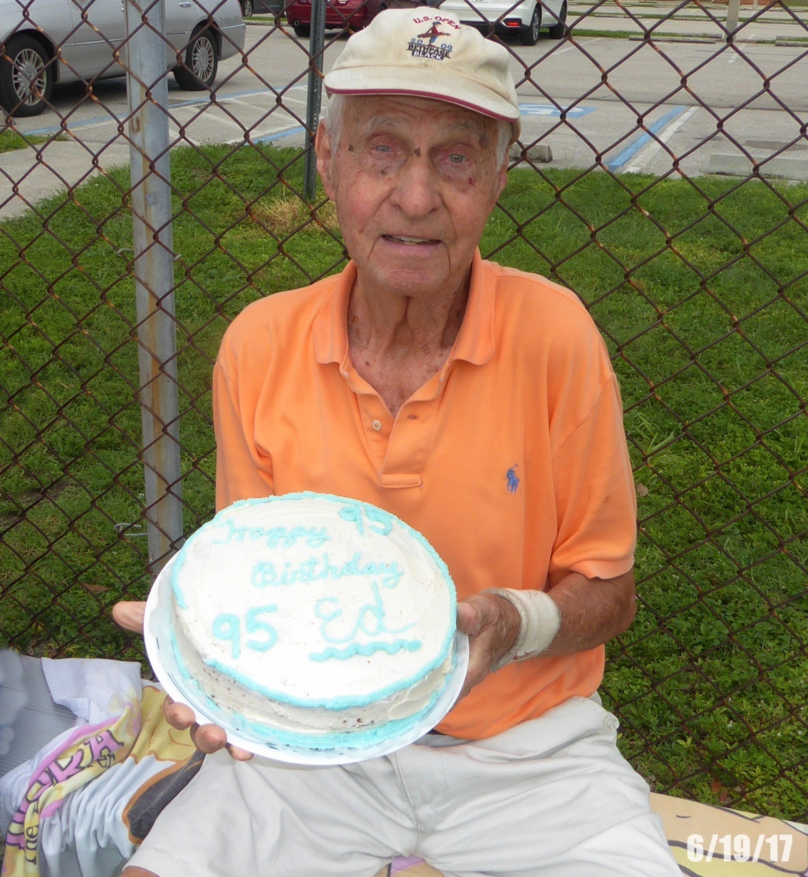 Ed loved tennis. This is he at Rutenberg tennis courts in Fort Myers, FL.  He played there for years with a tennis group that plays Monday, Wednesday, and Friday mornings. He hardly ever missed. I remember him saying, "I hope we can play tennis up in Heaven." This is his last birthday celebrated at Rutenberg (his 95th). He gave tennis up sometime after that and not because he wanted to.....because he was afraid of falling. HOPE YOU ARE PLAYING TENNIS UP THERE ED!