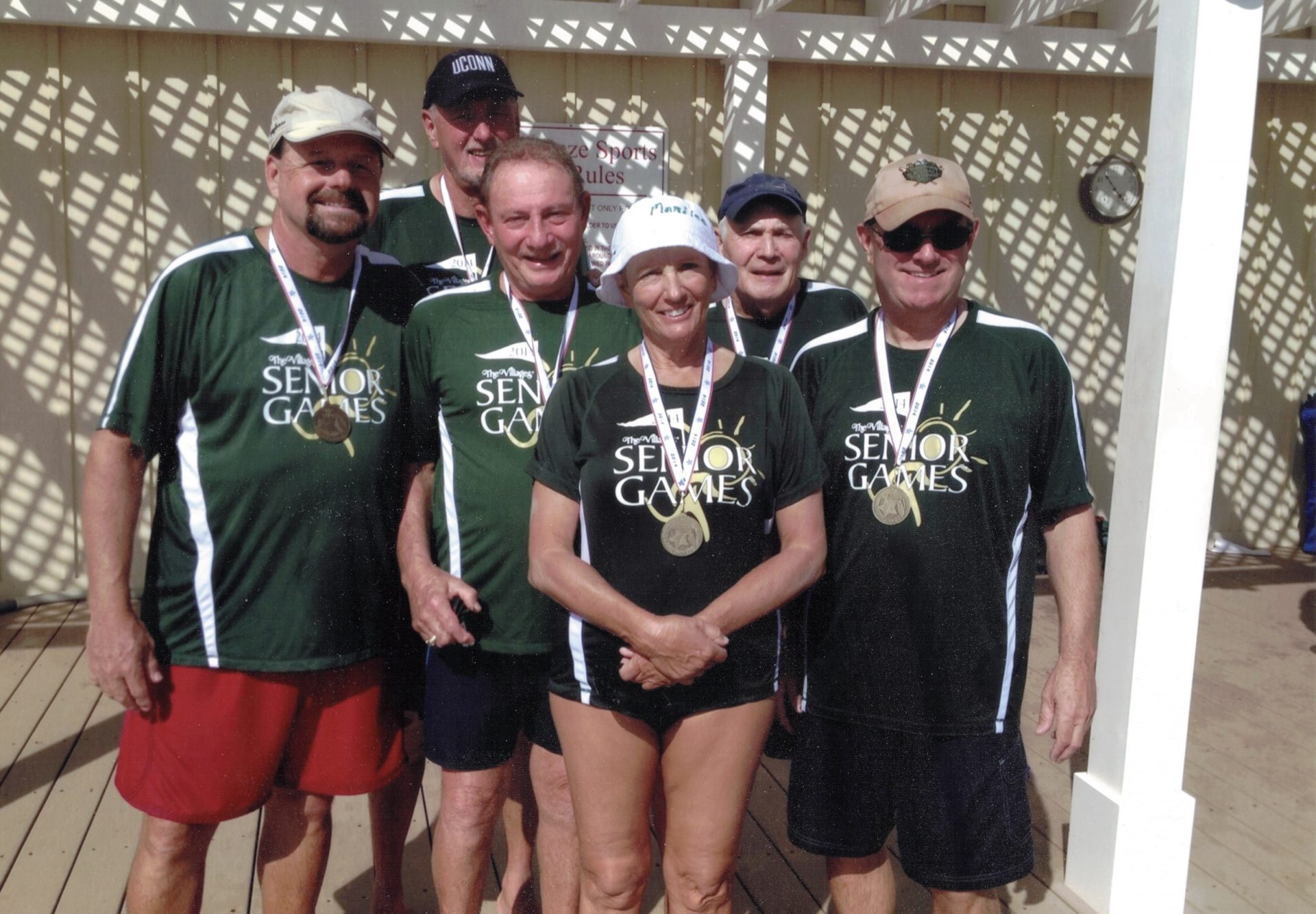One of Michael’s favorite activities, water volleyball. In The Villages Senior Games of 2014, Michael anchored the Gold Medal winning Intermediate team. L-R Michael Gavigan, Larry Cohen, Stu Kaufman, Merilee Fisk, Art Rogers and Eric Ehlers. RIP Michael.