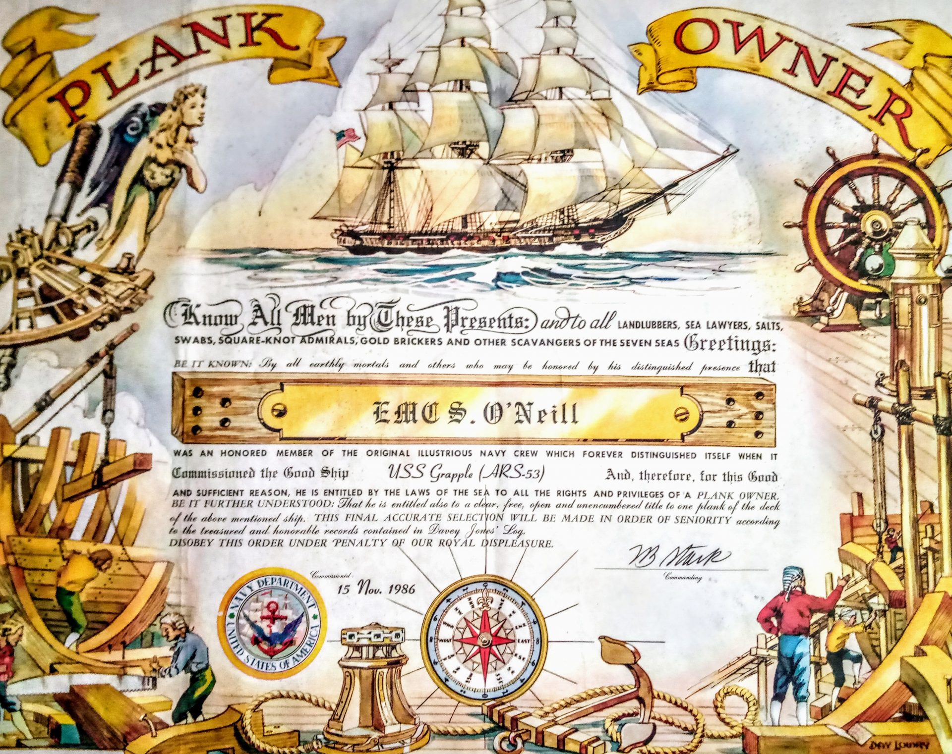 My father was what the Navy calls a Plank Owner, meaning he was a member of a ship's first crew. It is a big deal to help commission a Navy vessel and I am pretty sure dad did it for at least two ships. This is his certificate for the U.S.S. Grapple. He spent weeks in Wisconsin, assisting in the submarine tender's launch. I went to visit and spent a week with dad in Sturgeon Bay. It was a blast. I got to tour the ship, we went to a fish boil, we drove all around the peninsula and I got to see a part of the country I had never seen before. My father always ignited in me a deep curisorty about the world and a sense of adventure. I remember when I was a very young kid-7 or 8-dad had purchased a set encyclopedias for the house. I remember laying in the hallway and reading those books from cover to cover and later talking to dad about what I had discovered. Thank you, dad, for all your inspiration.