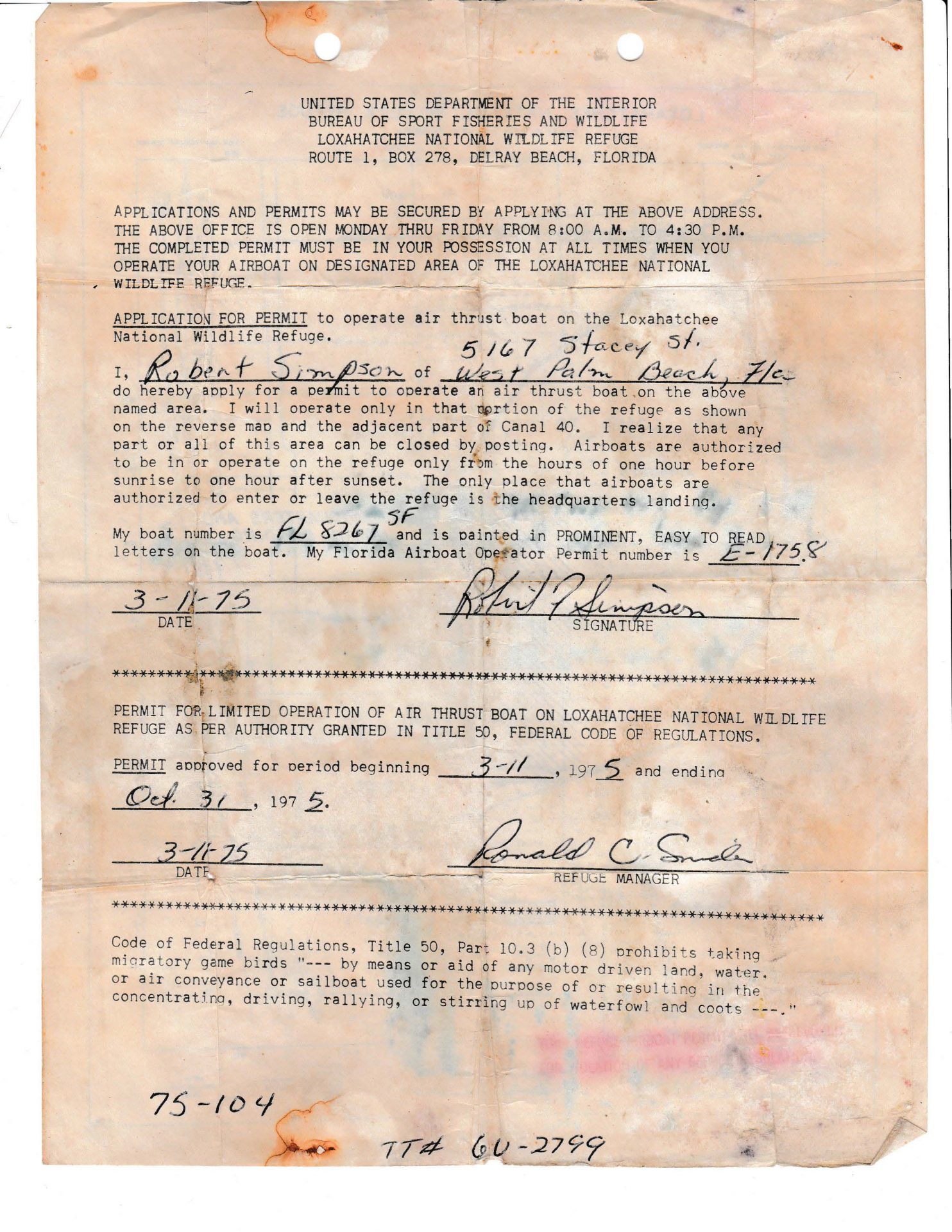 Airboat Operating Permit for Loxahatchee Wildlife Area  1975
