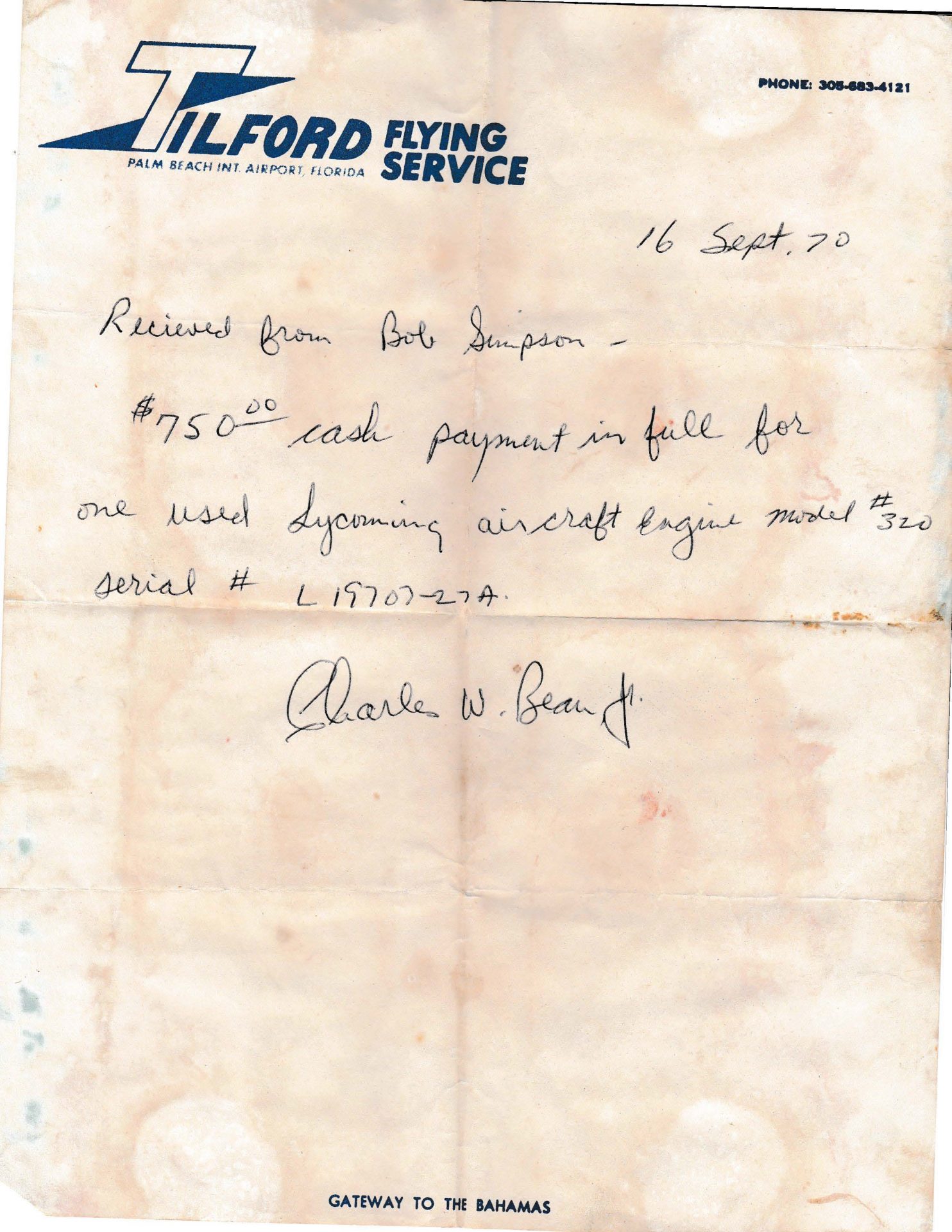 Aircraft Engine Receipt from Tilford Flying Service ,  West Palm    1970