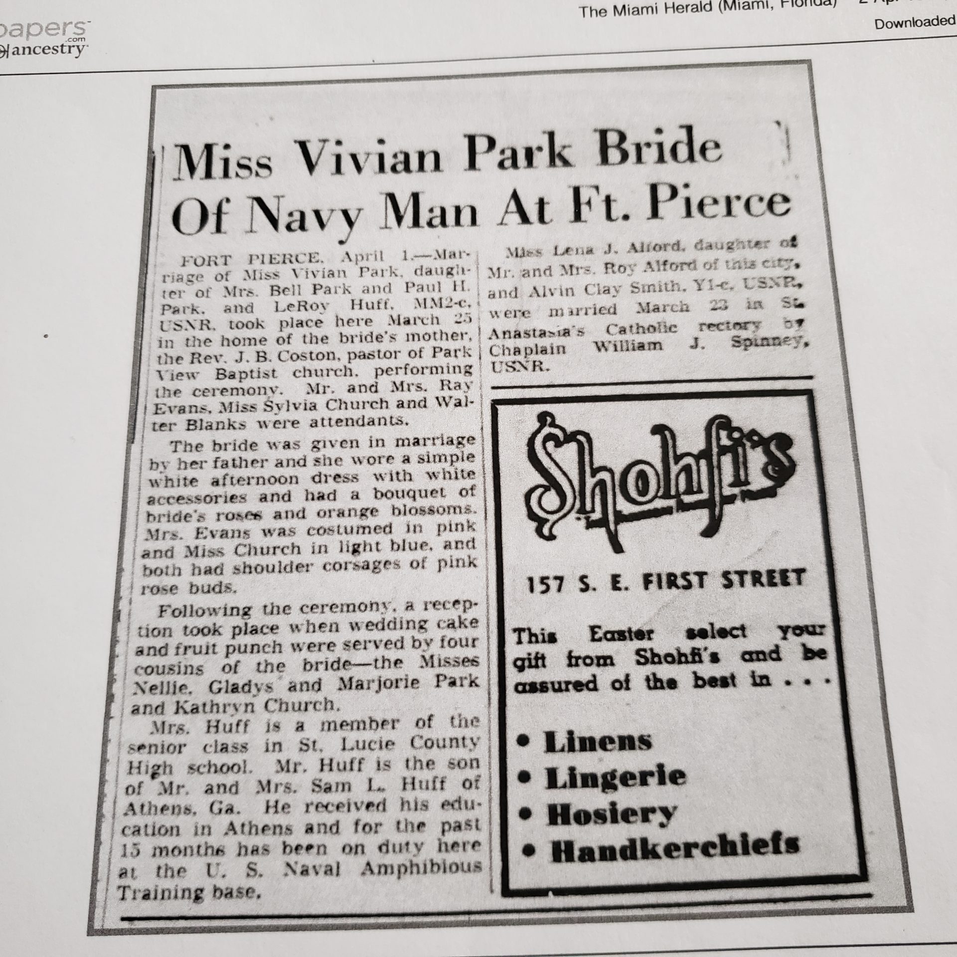 My Great Aunt Vivienne's wedding announcement.