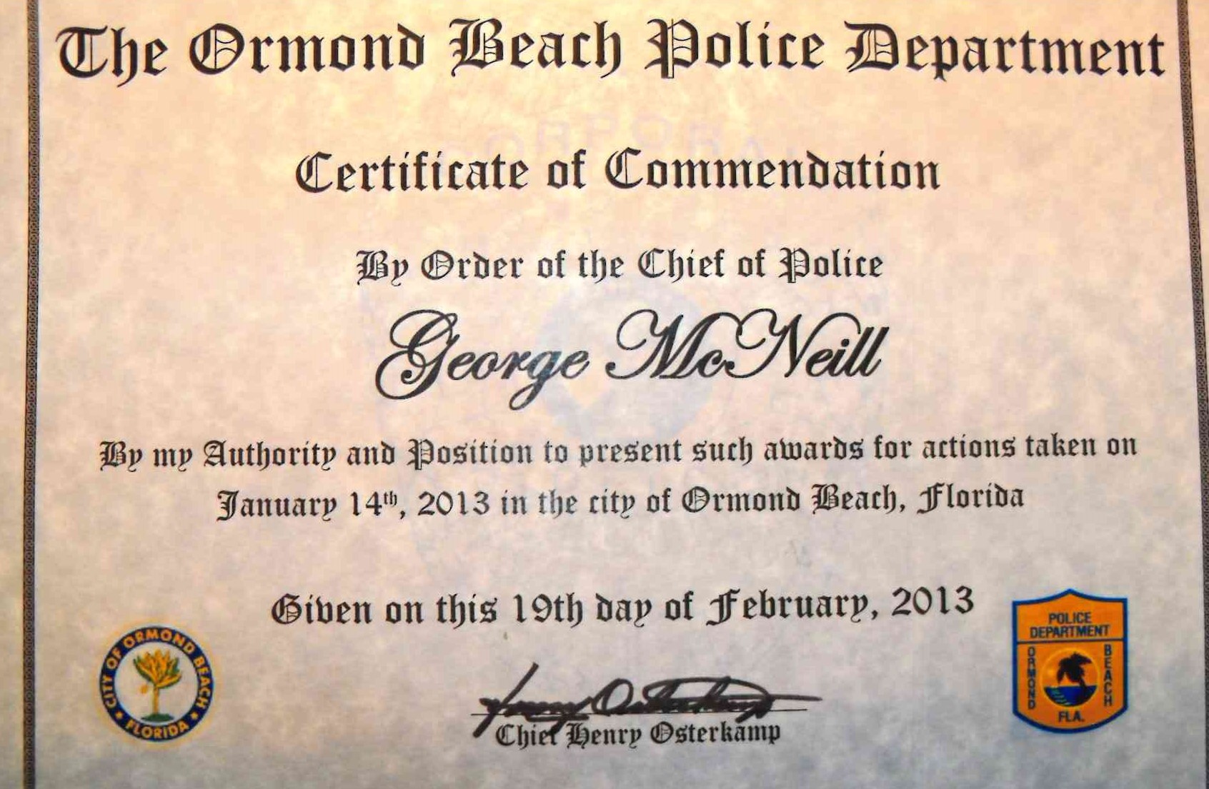 Certificate of Commendation Ormond Beach Police Department