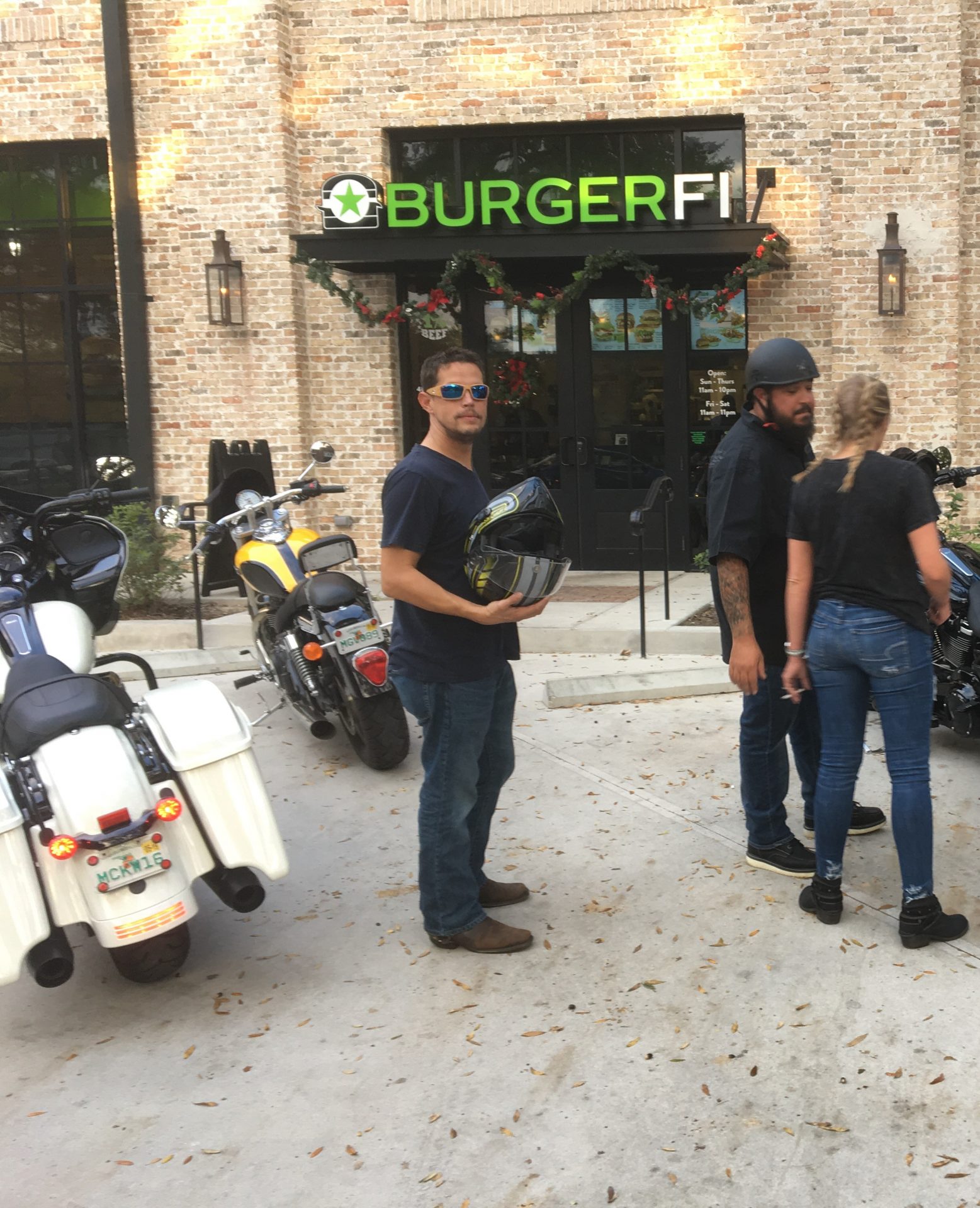 Stephen riding Harleys with Michael, Rob and Monica.  Stopping for lunch.
