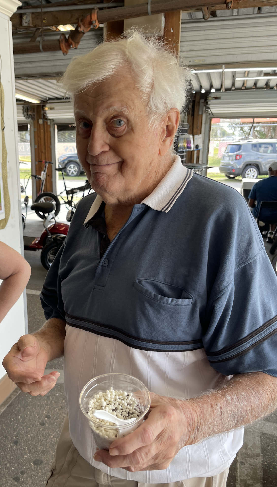 Even at 86 at the flea market (a place he liked to shop at) in December he tried dip n dots for the very first time.  We sure enjoyed the character and love you shared with all of us.  How you cared about Godly aspects of life and those around him.  We'll miss your smiles and stories!