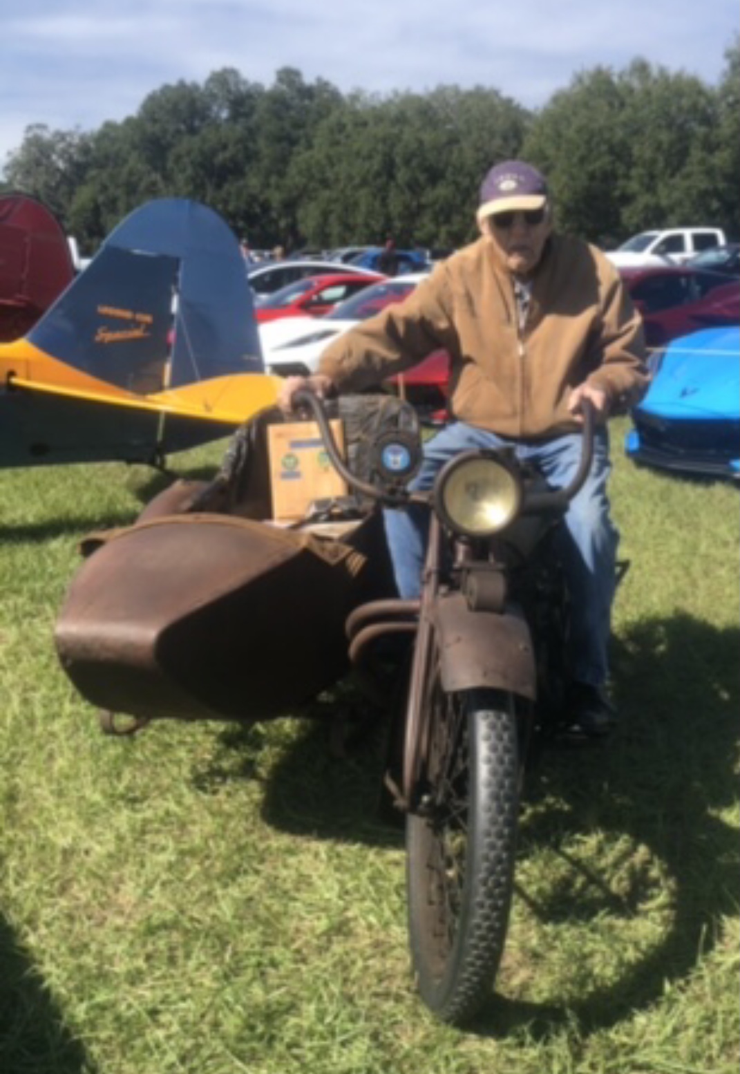 Hank (almost 100 years old) sitting on Kevin Oliver’s almost 100 year old Indian PowerPlus with Sidecar