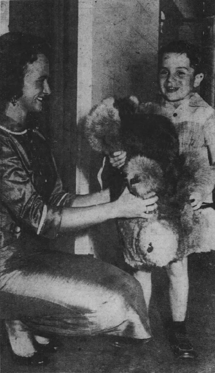"Mike Sibole, the plucky 4-year-old who had to have his eyes removed because of cancer, smiles and delightedly grasps a huge stuffed koala bear delivered by Bunny Brinkley at Mike's Orlando, Fla., home.<br />
Touched by his story, Lelia Marchant, a Sydney, Australia, secretary, had saved on her lunch money to buy the bear and send it." -- Daily News (New York, New York) · 30 Aug 1956