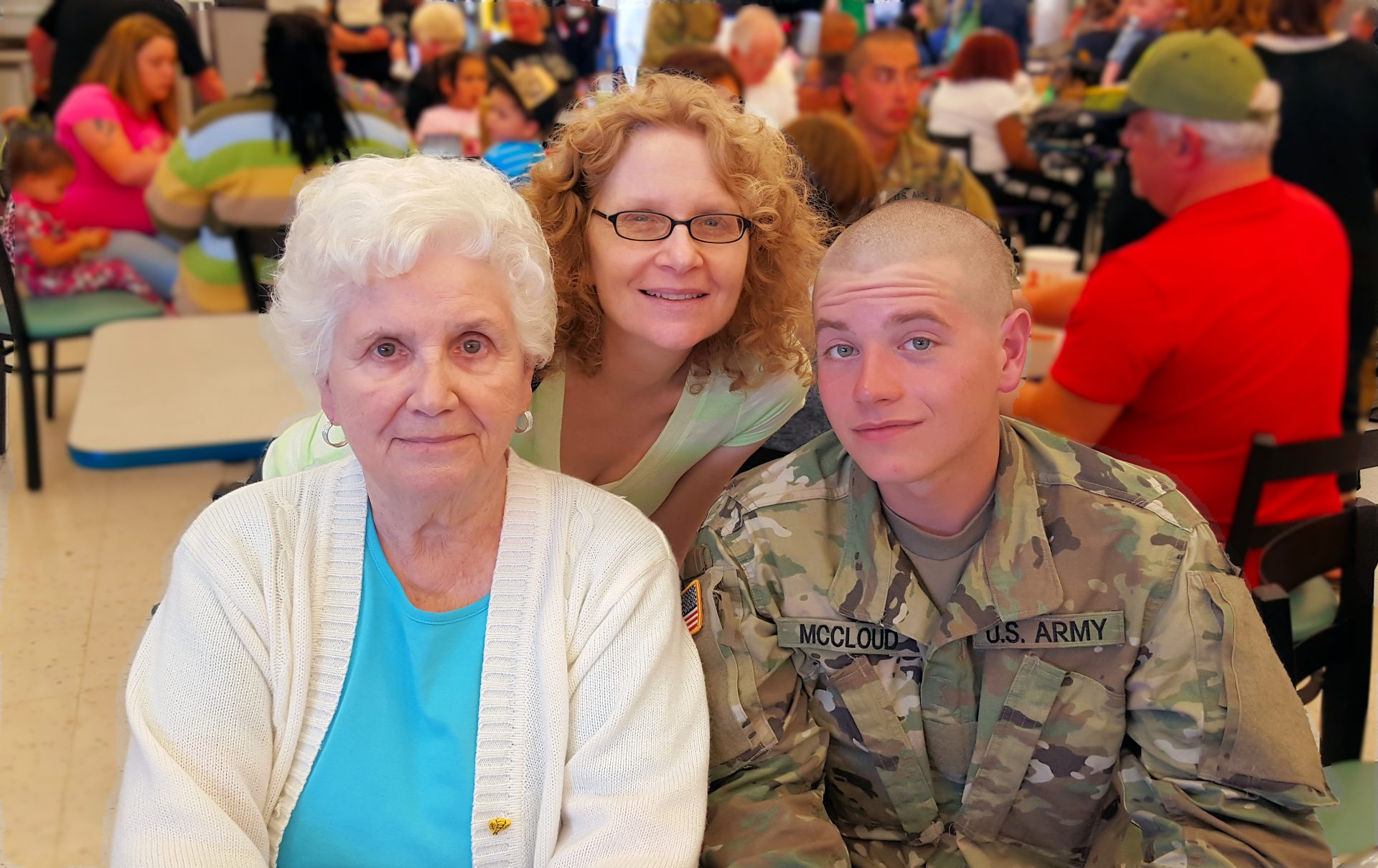 Mom with Cathy and Riley in March, 2016. Mom and Dad went to visit Riley during basic training to give him encouragement and support when he needed it the most.