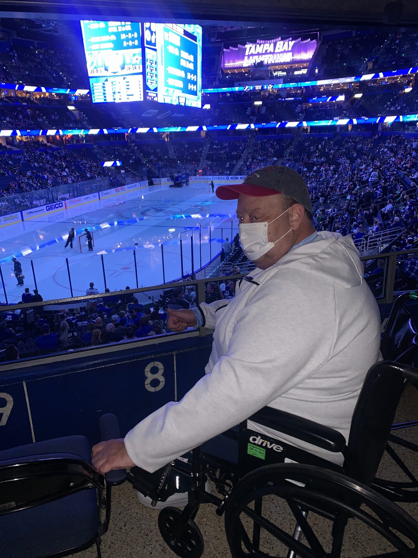 Steve at the Ice Hockey game January 15, 2022 in Tampa, Florida. The team we wanted to win was Tampa Lightning Bolts and they defeated the Dallas Stars.