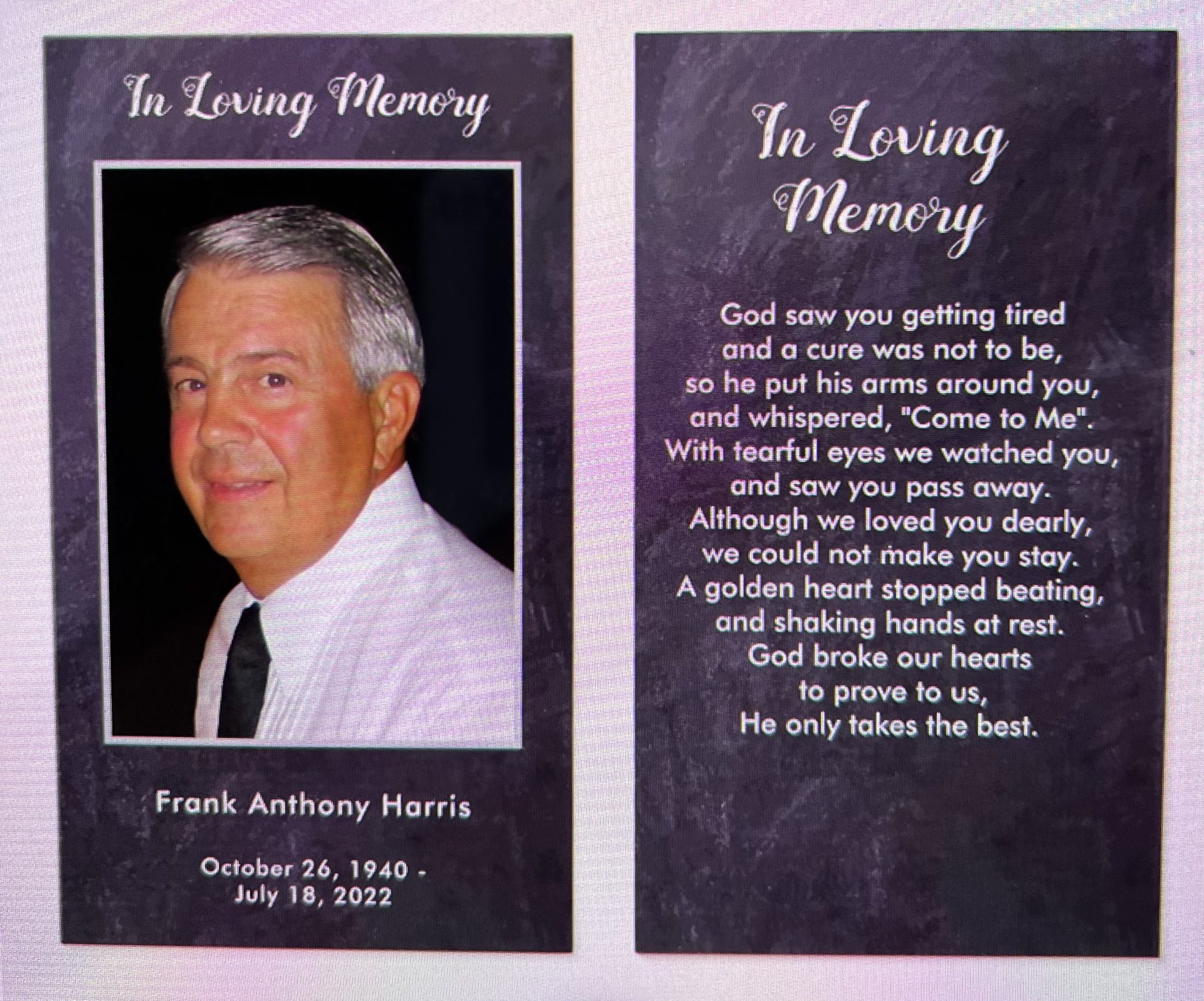 Frank Harris prayer card