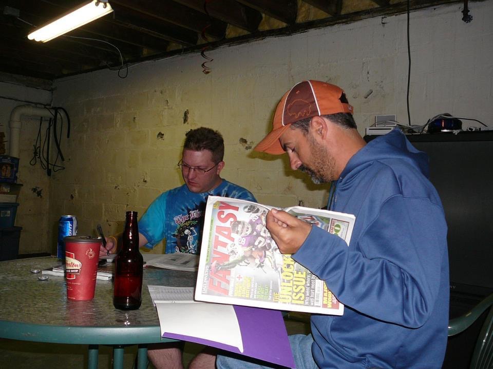 2011 Fantasy Football draft for the 12 Freaks league.  I am not pictured nor am I an original owner.  I believe Mark was one of the originals and have known him through this league for almost 20 years.  He was always in contention and his team (The Rams) is on the trophy 3 times, maybe 4.  He will always be remembered and this year’s draft will be somber.  He was too young.  May he Rest In Peace.