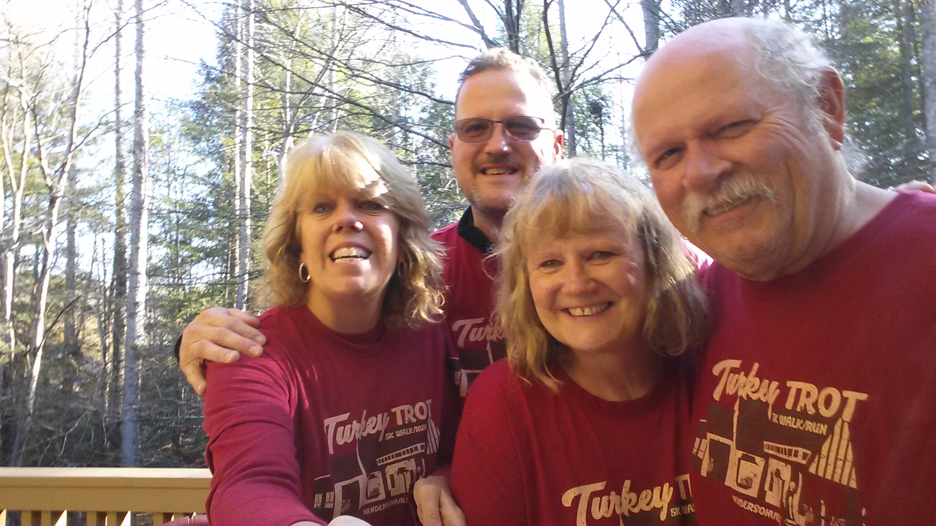 One of our many traditional "Turkey Trot" pics taken each year on Thanksgiving Day at our home in Hendersonville. We may have come in last place at least once, but we sure had a good time!