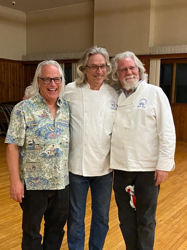 Bob, Will Hookway and Rob Rosenbaum showing off their COVID locks at Les Marmitons dinner in June 2021