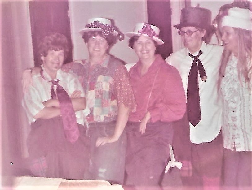 The Dallas sisters at a Hobo party put on by Geneva Almquist around 1975ish.<br />
They love to party. Hobo, Custom Hats, Queen for the day birthday parties, etc, They would sing, dance, poetry, skits, write music and prank each other. The neighbors would always want to join because they heard all the laughter and music. No booze necessary, the old stories would have you falling off your chairs laughing.