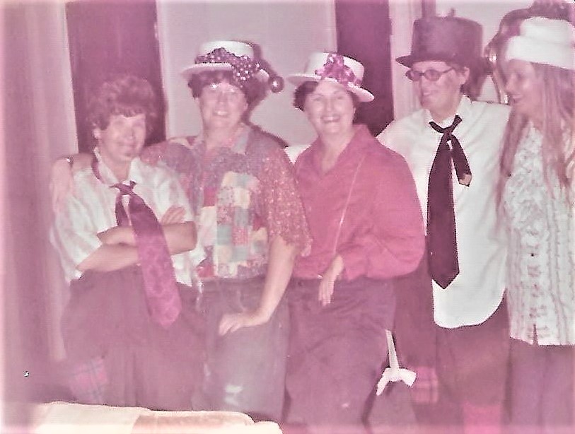 The Dallas sisters at a Hobo party put on by Geneva Almquist around 1975ish.<br />
They love to party. Hobo, Custom Hats, Queen for the day birthday parties, etc, They would sing, dance, poetry, skits, write music and prank each other. The neighbors would always want to join because they heard all the laughter and music. No booze necessary, the old stories would have you falling off your chairs laughing.