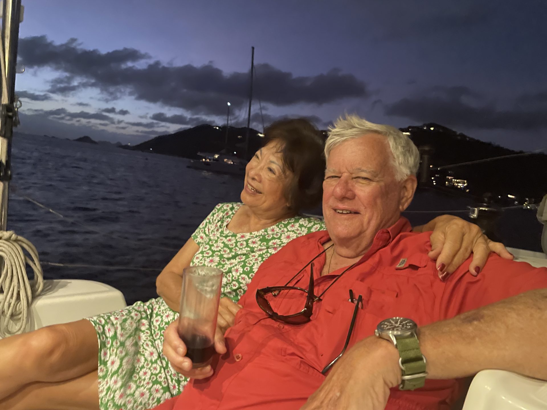 Bill with his love, Gracie, relaxing on the sailboat in the French West Indies.  It was a fun trip with friends.<br />
We’re going to miss that easy smile.