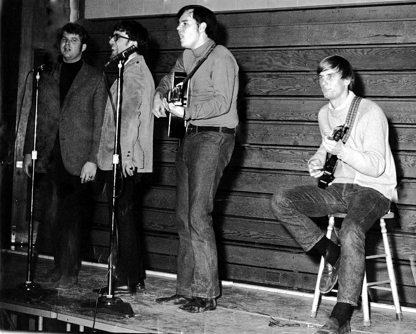 The Catchers of Wry performing at The Thirsty Ear Coffeehouse in Morristown, NJ, circa 1969.  Left to right: John Huemer, Marty Altner, Mike Donovan, Greg Smalley.