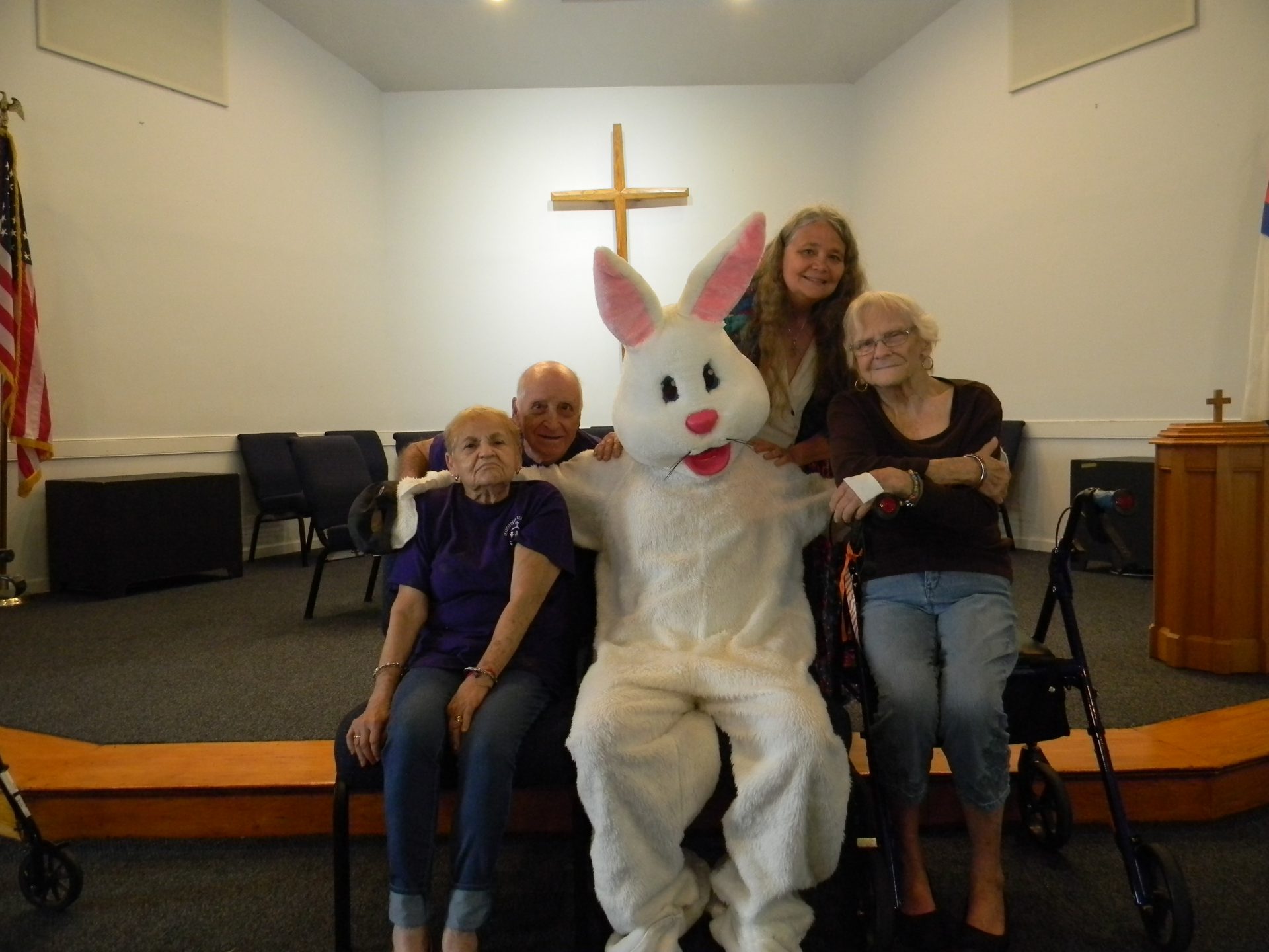 Ellie with Clarence in Easter bunny suit