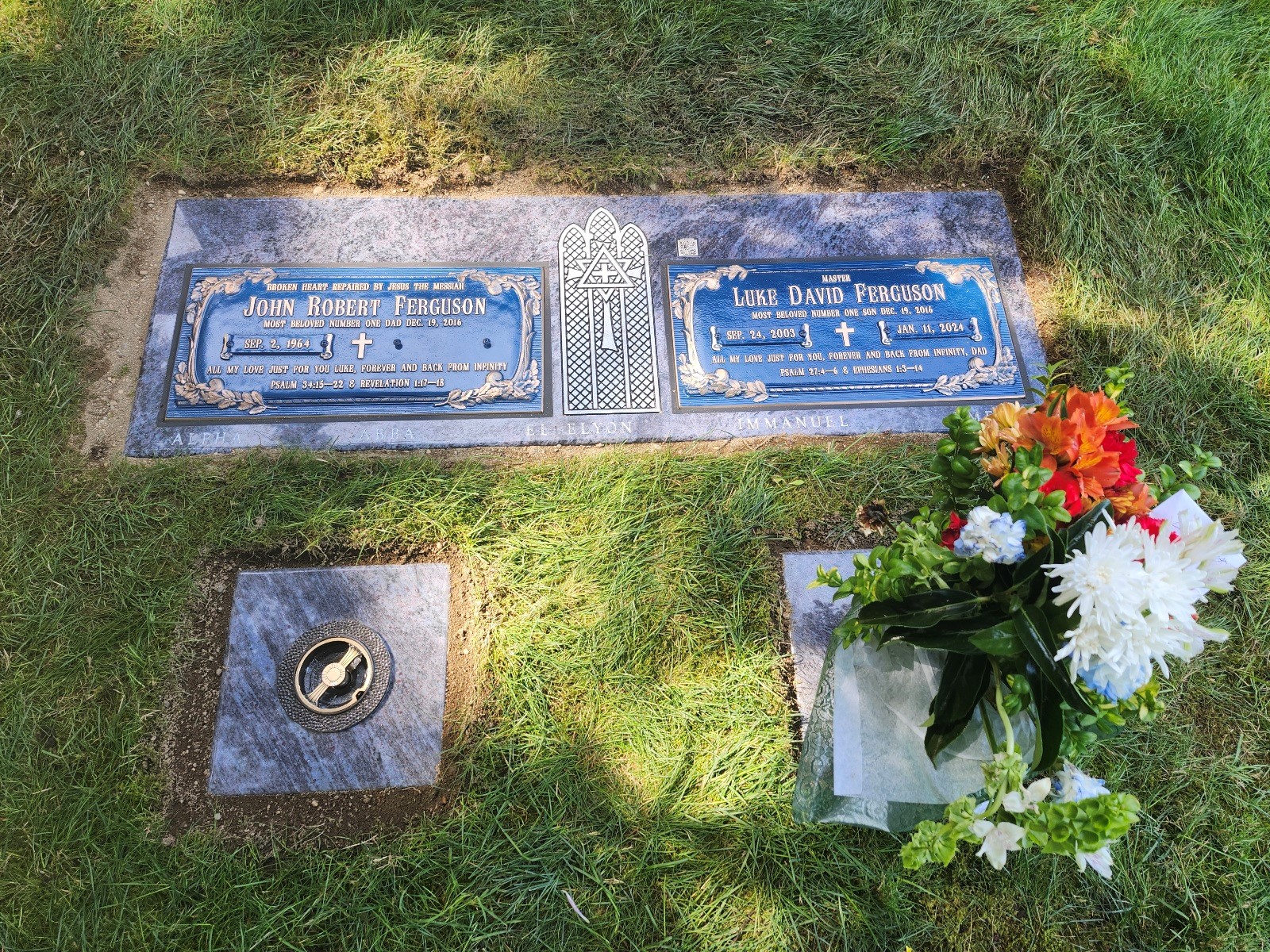 Master Luke's bronze marker set on Bahama Blue 60 x 20 foundation with two matching vase blocks and two bronze Patrician Flower Vases.