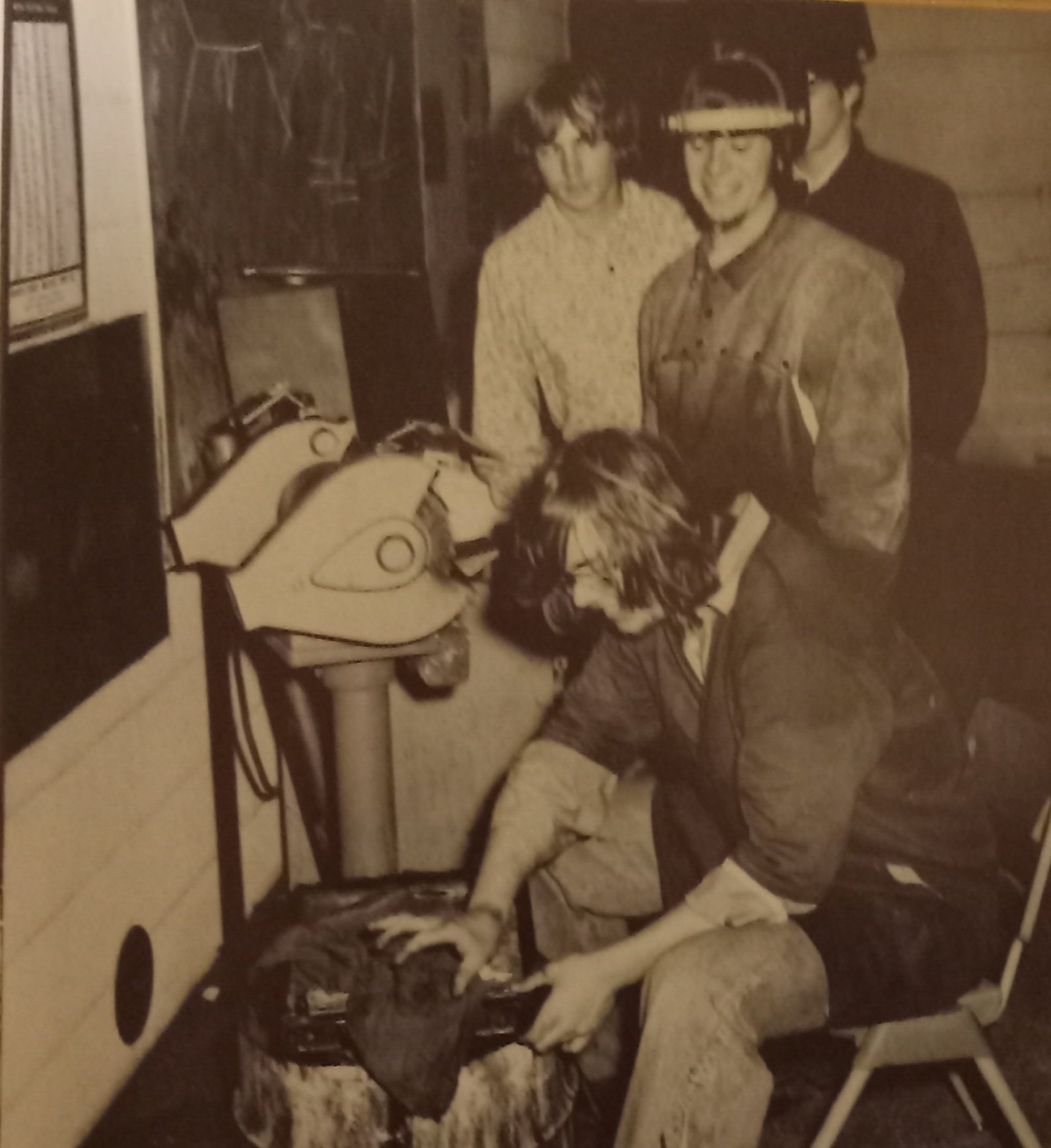 Wes with welding gear and Chris Sheltrown checking Kevin's work on his Abarth's  radiator in Mr. Haines auto shop class.  True motorheads.