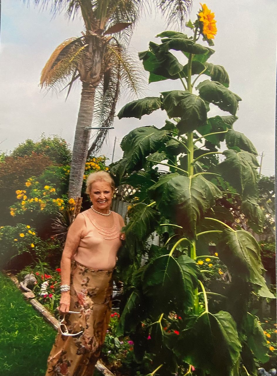 Ruthie with her prized sunflower in her backyard in Corpus Christi