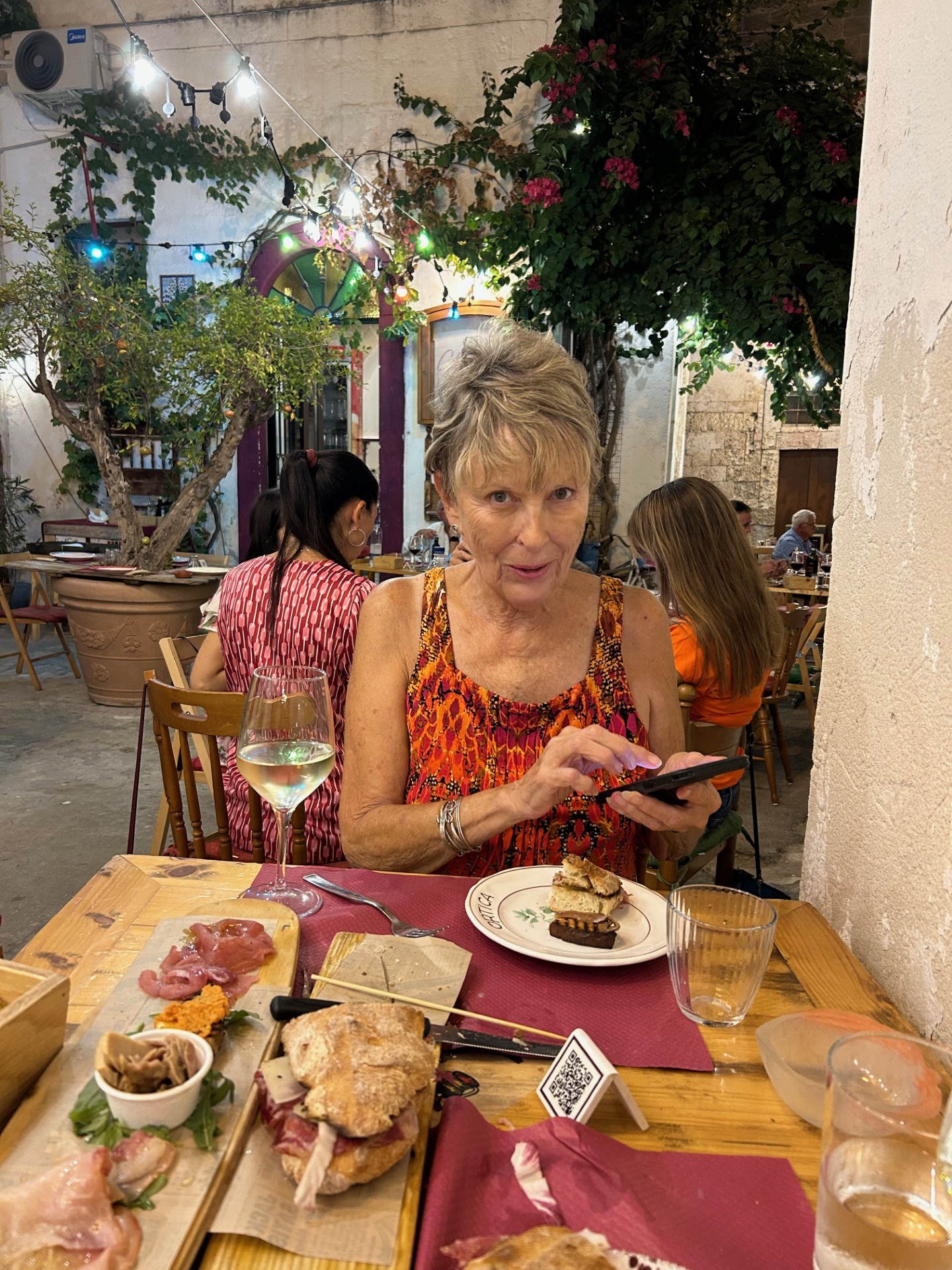 Dinner in outdoor cafe in Manduria, Italy, September 2023.