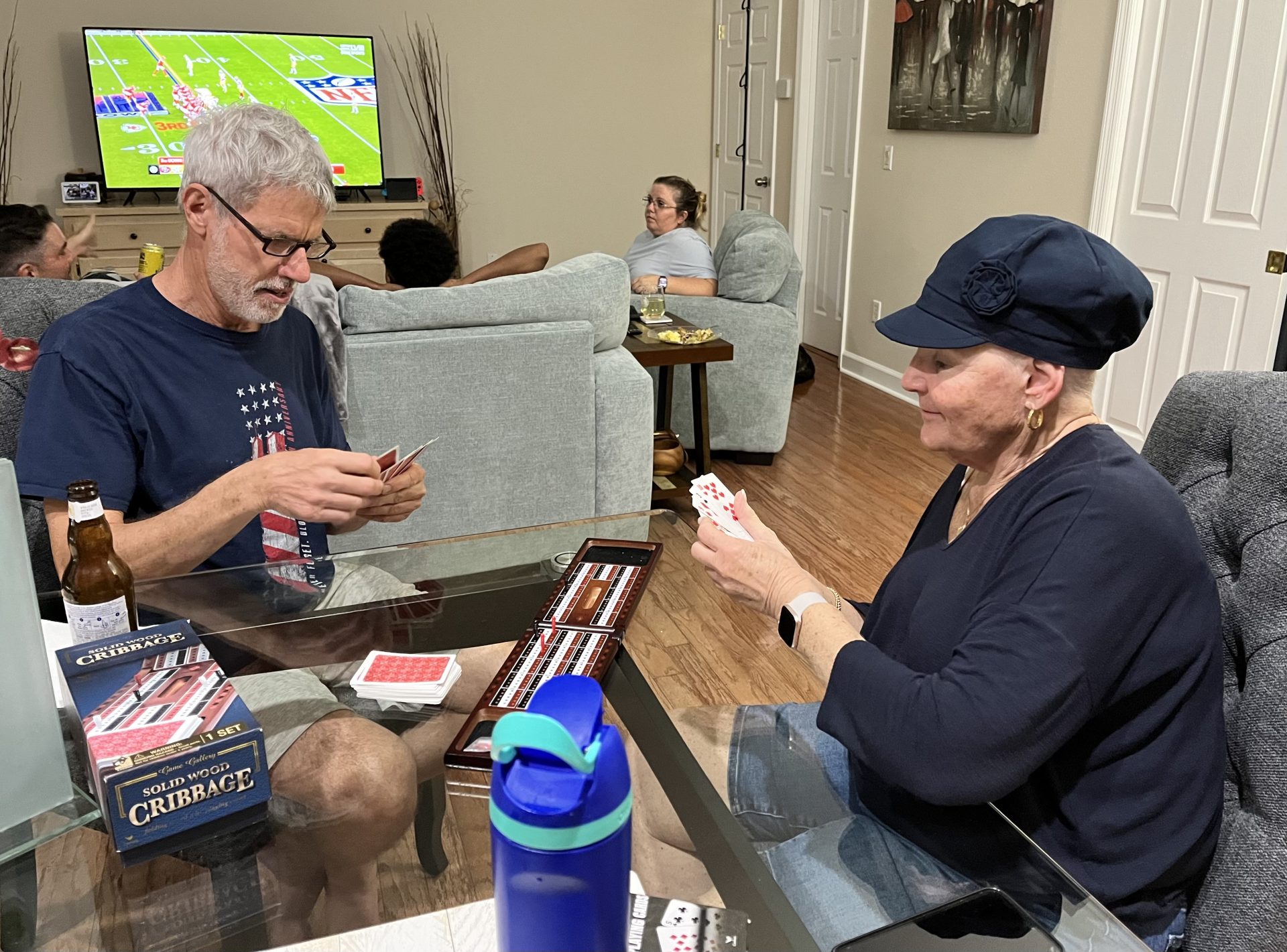 Playing cribbage with Mark while the rest of us watched Superbowl 2024.